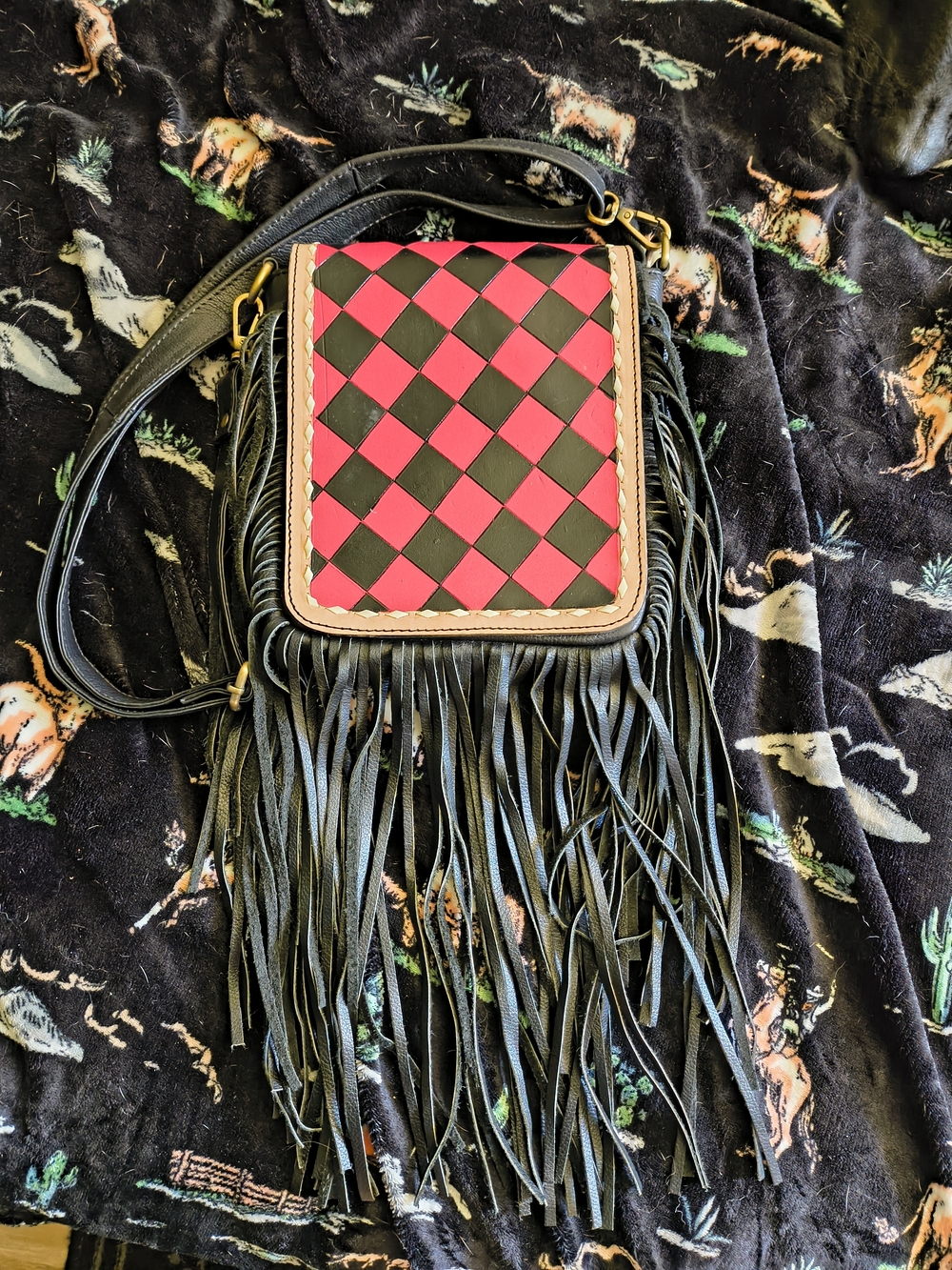 Fringed Adjustable Crossbody Bag with Red and Black Hand Tooled and Paint